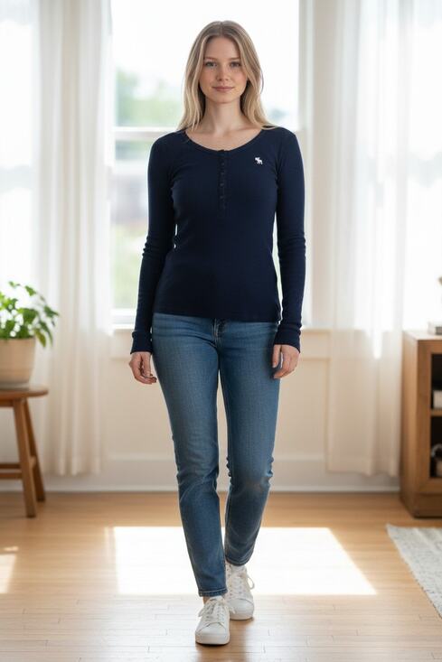 Abercrombie & Fitch Tops - Abercrombie & Fitch Navy Blue Ribbed Knit Henley Long Sleeve Blouse Top Size XL